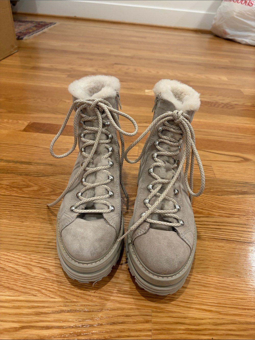 Light Gray Suede Lace-Up Shearling Ankle Boots for Women